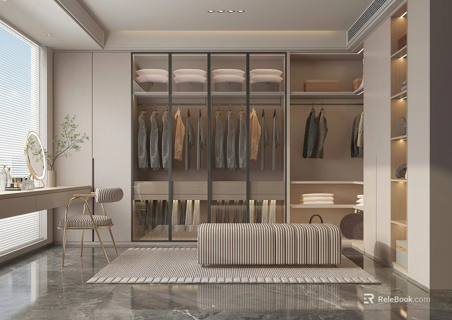 Modern Walk in Closet Interior with Glass Door Cabinets Hanging Clothes Bench and Rug 3d model 