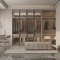 Modern Walk in Closet Interior with Glass Door Cabinets Hanging Clothes Bench and Rug