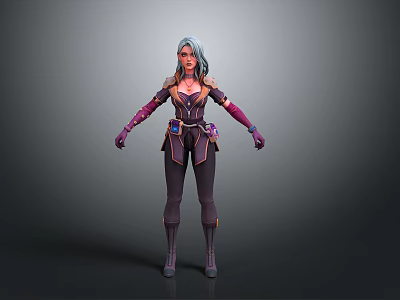 3D Female Character Model With Blue Gray Hair And Dark Purple Accented Outfit 3d model