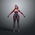 3D Female Character Model With Blue Gray Hair And Dark Purple Accented Outfit