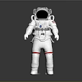 Man in White Astronaut Suit with Red Stripes and Helmet Standing on Gray Background
