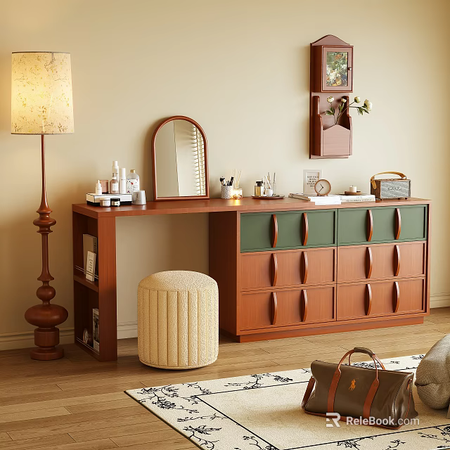 Wooden Dressing Table With Green Drawers Mirror Beige Stool And Cosmetics Decor 3d model 
