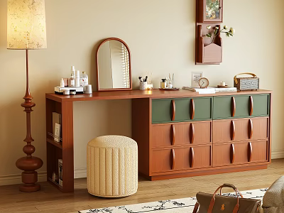 Wooden Dressing Table With Green Drawers Mirror Beige Stool And Cosmetics Decor 3d model
