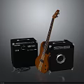 Electric Bass Guitar With Two Black Music Amplifiers And Audio Equipment Setup