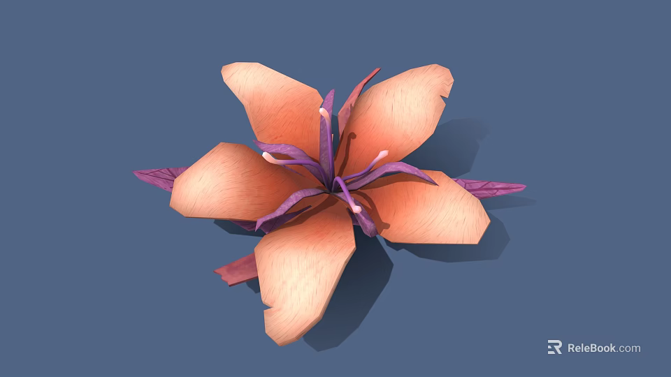 Vibrant Orange Petaled Flower With Purple Center Stamens And Delicate Green Leaves 3d model 