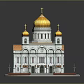 Cartoon Scene of White Building with Golden Domes Orange Decorations and Crosses