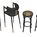 Modern Black Bar Stools With Rattan Design Backrest And Wooden Legs