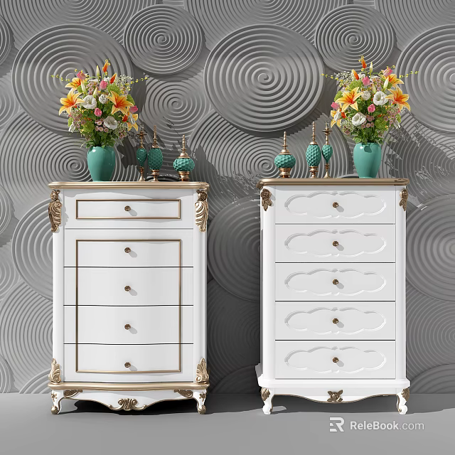 White Chests of Drawers With Gold Accents Green Vases and Colorful Flowers Against Spiral Wall 3d model 