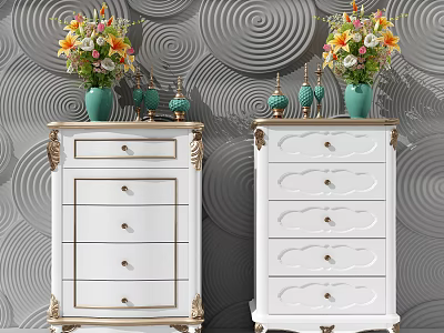 White Chests of Drawers With Gold Accents Green Vases and Colorful Flowers Against Spiral Wall 3d model