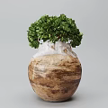 Three Decorative Vases with Green Plants Blue Green Textured Brown Ceramic and Black White Spotted
