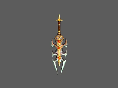 Ornate Decorative Weapon With Golden Tip Red Gemstone And Wing Like Structure 3d model