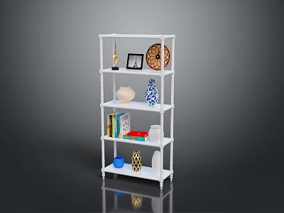 White Multi Tier Storage Shelf with Books Vases Frames Clock and Decorative Items 3d model