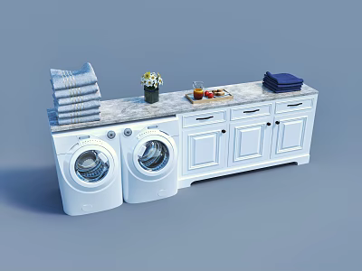 Modern Bathroom Cabinetry With Washing Machines Folded Towels And Storage Drawers 3d model