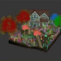 Two Story House With Red Roof Green Windows Lush Garden Trees Pathway And Small Bridge