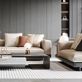 Modern Living Room Interior Design With Dark Striped Walls Ceiling Light Strips And Beige Sofas