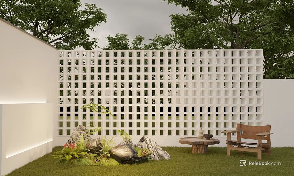 Serene Garden Space With White Lattice Fence Green Grass Lush Plants Rocks And Wooden Furniture 3d model 