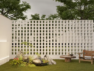 Serene Garden Space With White Lattice Fence Green Grass Lush Plants Rocks And Wooden Furniture 3d model