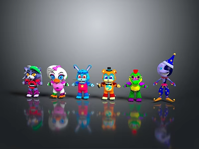 Colorful Cartoon Characters With Different Designs Standing On Reflective Surface 3d model