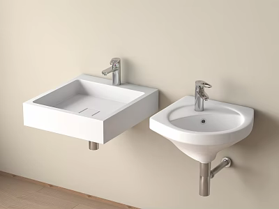 Two White Wall Mounted Square and Round Washbasins with Silver Faucets 3d model