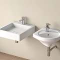 Two White Wall Mounted Square and Round Washbasins with Silver Faucets 3d model