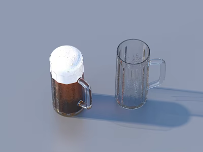 Frothy Brown Beer In Glass Mug With Empty Transparent Mug On Gray Background 3d model