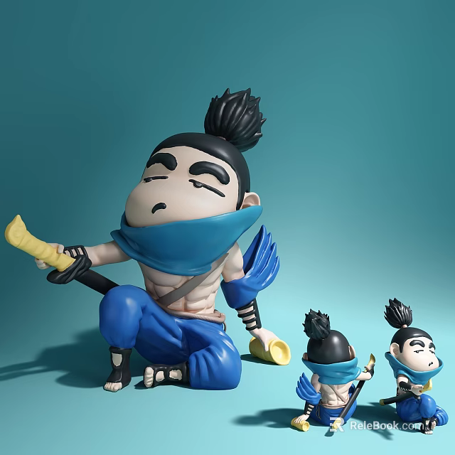 Blue Scarf Topknot Doll Figure Sitting With Sword And Smaller Figures 3d model 