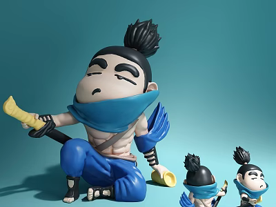 Blue Scarf Topknot Doll Figure Sitting With Sword And Smaller Figures 3d model