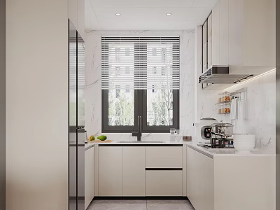 Modern Minimalist Kitchen Interior Design With White Cabinets Window Countertop And Appliances 3d model