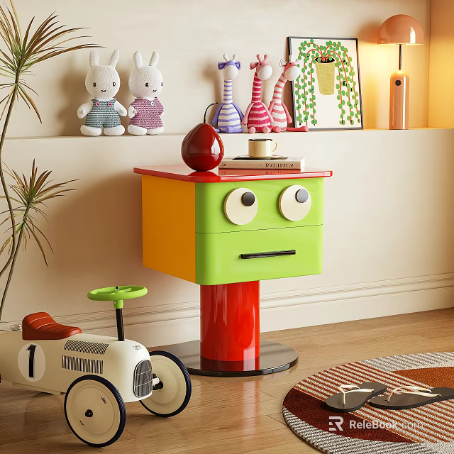 Colorful Kids Nightstand with Green Drawer Red Base and Eye Design in Children's Room 3d model 