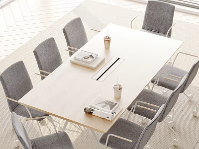Light Wood Conference Table With Gray Office Chairs Coffee Cups And Documents In Modern Space 3d model