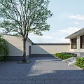 Traditional Courtyard Garden Landscape with Paved Walkway Green Shrubs Large Tree and Traditional Style Buildings