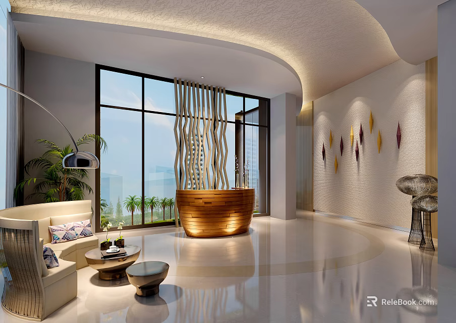 Modern Front Desk Reception Area Interior With Large Windows Wooden Desk And Decorative Wall 3d model 