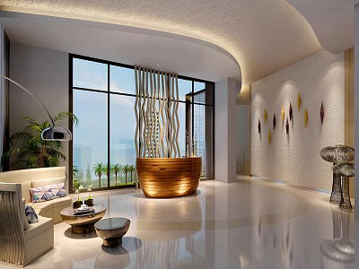 Modern Front Desk Reception Area Interior With Large Windows Wooden Desk And Decorative Wall 3d model