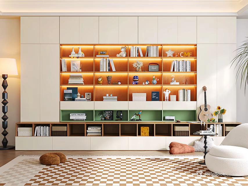 Modern Bookcase With Open Shelves Warm Lighting Books And Decor In Living Room 3d model 