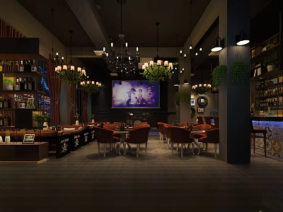 Modern Bar Interior Design With Chandeliers TV Screen Bar Counter And Seating 3d model