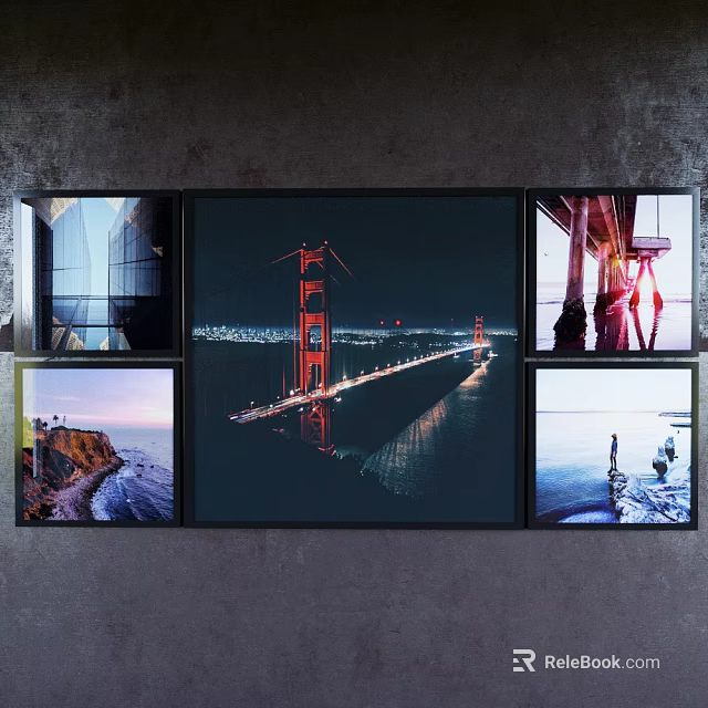 Framed Landscape Paintings Featuring Golden Gate Bridge Night View And Coastal Seascape Scenes 3d model 