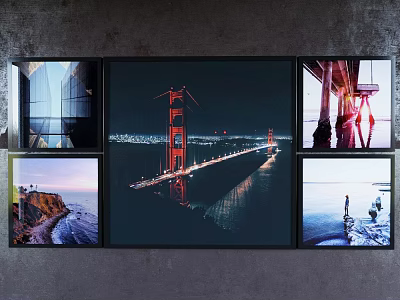 Framed Landscape Paintings Featuring Golden Gate Bridge Night View And Coastal Seascape Scenes 3d model