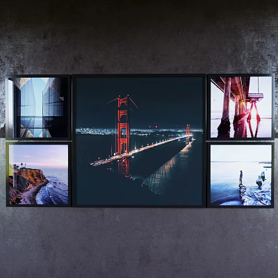 Framed Landscape Paintings Featuring Golden Gate Bridge Night View And Coastal Seascape Scenes 3d model