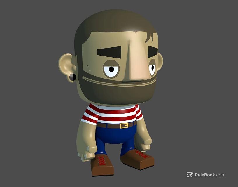 Cartoon Style Doll With Big Head Beard Earring Striped Shirt Blue Pants And Brown Shoes 3d model 
