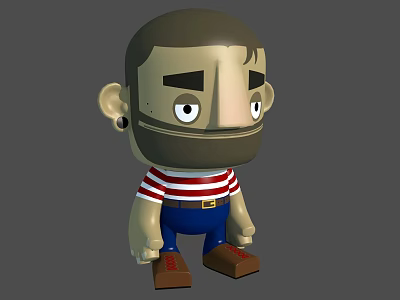 Cartoon Style Doll With Big Head Beard Earring Striped Shirt Blue Pants And Brown Shoes 3d model