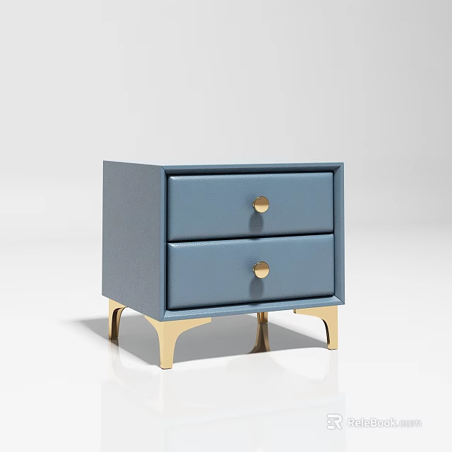 Elegant Blue Bedside Table With Two Drawers Golden Knobs And Gold Legs 3d model