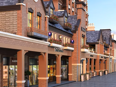 Charming Commercial Street With Brick Buildings Storefronts Balconies And Flower Boxes 3d model