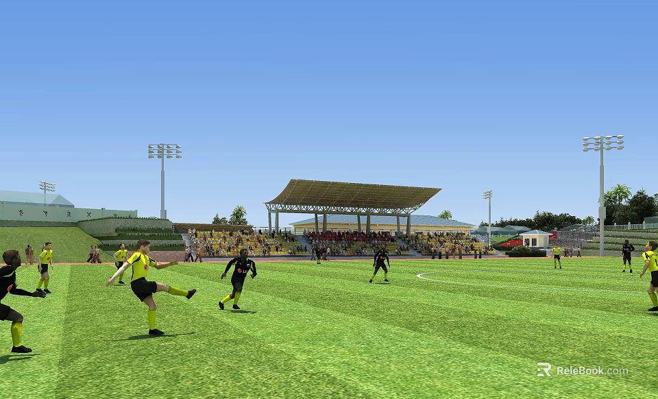 Soccer Players Playing Football Match on Green Field at Stadium with Spectators and Lighting Towers 3d model 