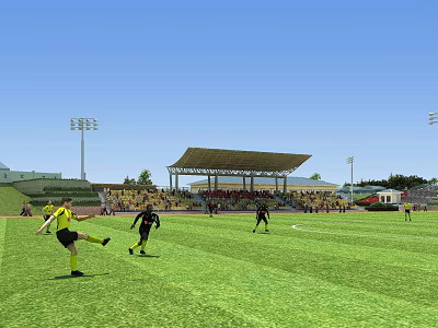 Soccer Players Playing Football Match on Green Field at Stadium with Spectators and Lighting Towers 3d model