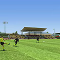 Soccer Players Playing Football Match on Green Field at Stadium with Spectators and Lighting Towers