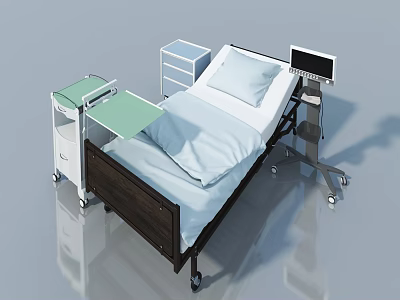 Modern Pendant Light Above Adjustable Medical Bed With Side Cabinet And Cart 3d model