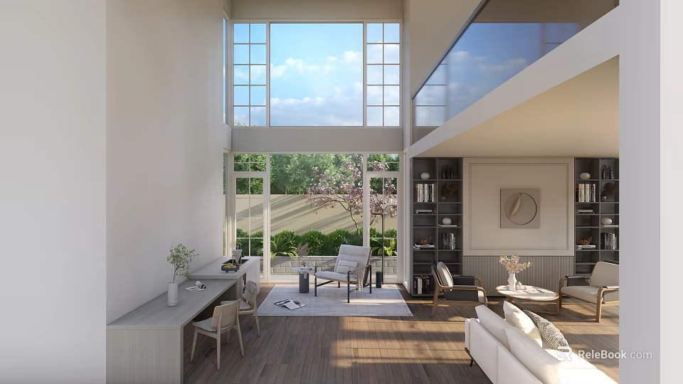 Spacious Living Dining Room With Large Windows Greenery View Sofa Tables Bookshelves And Decor 3d model 