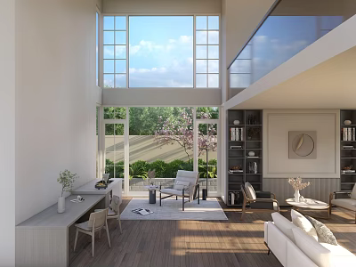 Spacious Living Dining Room With Large Windows Greenery View Sofa Tables Bookshelves And Decor 3d model