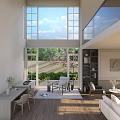 Spacious Living Dining Room With Large Windows Greenery View Sofa Tables Bookshelves And Decor