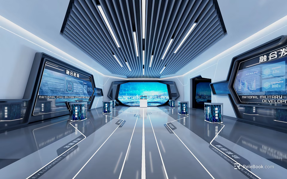 Modern Exhibition Hall Interior With Large Digital Screens And Hi Tech Interactive Displays 3d model
